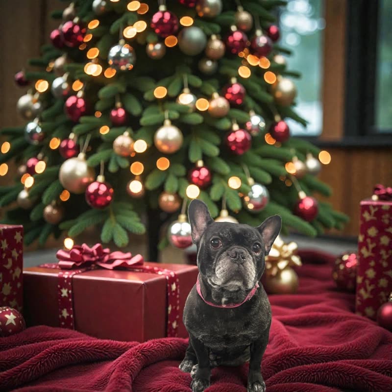 A blue French bulldog sitting on a red blanket in front of a decorated Christmas tree